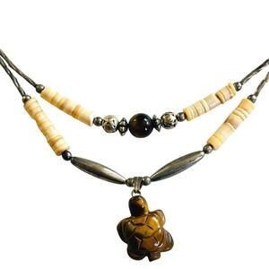 Vtg NAVAJO Turtle heishi Necklace tiger's eye Zuni Native American silver 20"